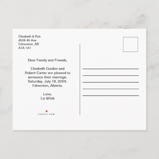 たった今結婚しましたスクリプトフォトミニマルエレガントリストシック 案内ポストカード (裏面)