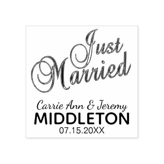 たった今結婚しましたスクリプトフォント- パーソナライズされた ラバースタンプ (インプリント)