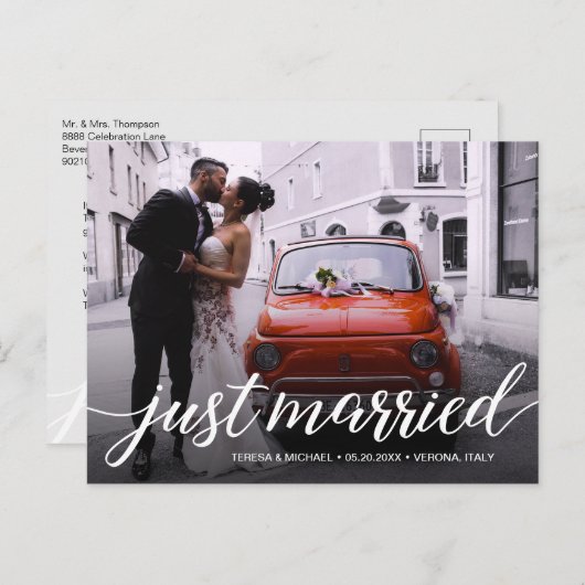 たった今結婚しましたスクリプト結婚オーバーレイの写真 案内ポストカード (正面/裏面)