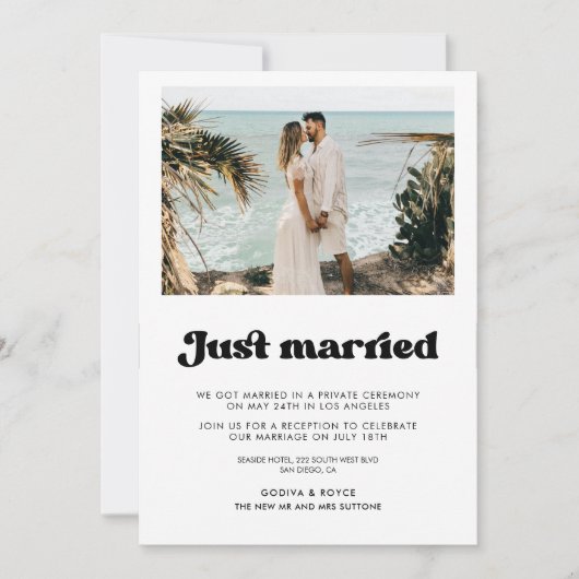 たった今結婚しましたスタイリッシュレトロ写真カード 招待状 (正面)