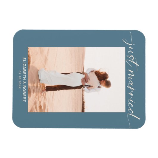 たった今結婚しましたスモダンクリプトのフォトブルー結婚ズ マグネット (横)