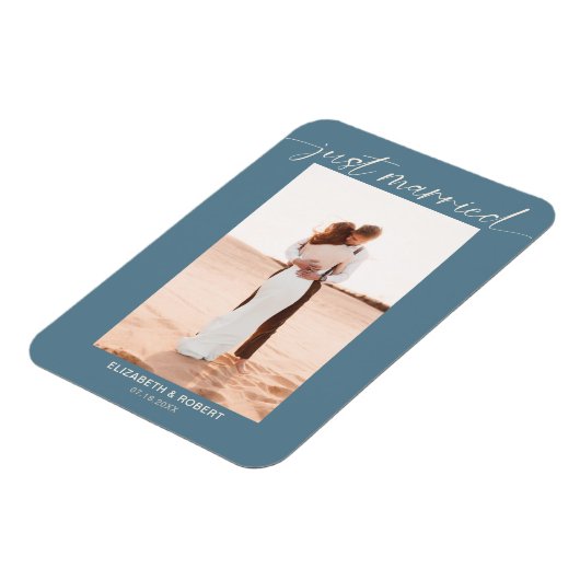 たった今結婚しましたスモダンクリプトのフォトブルー結婚ズ マグネット (左側)