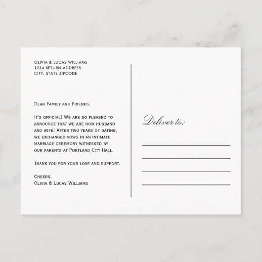 たった今結婚しましたセージグリーンエレガントなウェディングフォト 案内ポストカード (裏面)