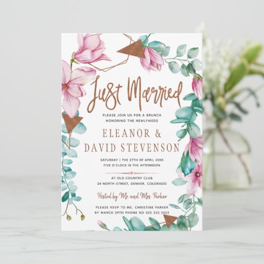 たった今結婚しましたタイポグラフィフローラ結婚ピンクのブランチ 招待状 (スタンド正面)