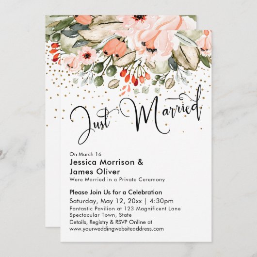 たった今結婚しましたタイポグラフィ赤面フローラ金ゴールド紙吹雪 招待状 (正面/裏面)