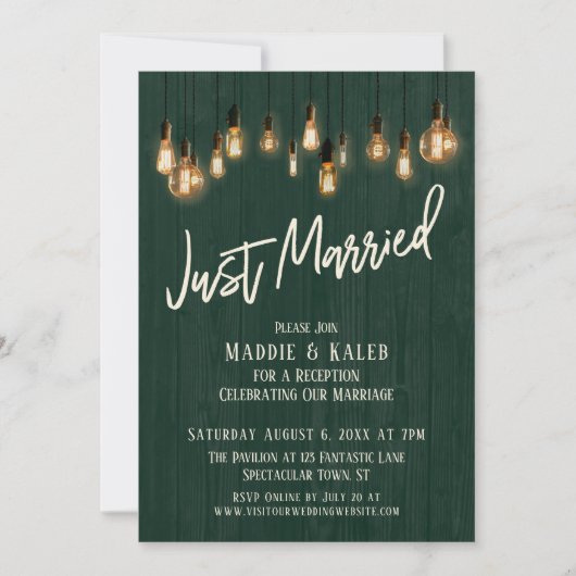 たった今結婚しましたダークグリーンウッドエジソンライト 招待状 (正面)