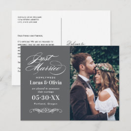 たった今結婚しましたチャコールグレーエレガントなウェディングフォト 案内ポストカード