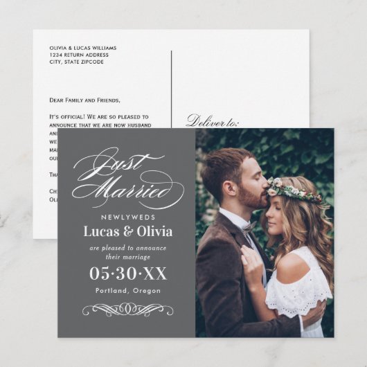 たった今結婚しましたチャコールグレーエレガントなウェディングフォト 案内ポストカード (正面/裏面)