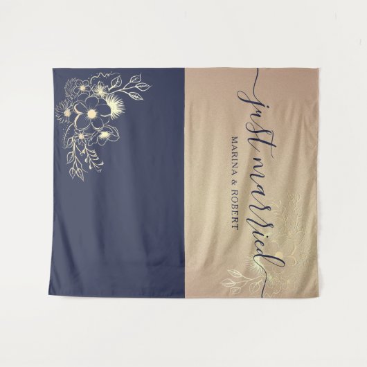 たった今結婚しましたネイビー結婚ブルーの写真支柱 タペストリー (正面(横))