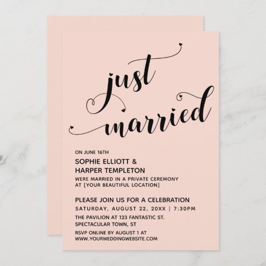 たった今結婚しましたハートタイポグラフィ赤面披露宴 招待状 (正面/裏面)