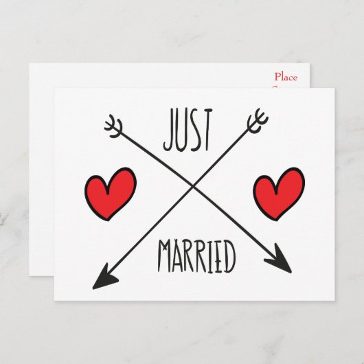 たった今結婚しましたハート及び矢結婚印はがき 案内ポストカード (正面/裏面)