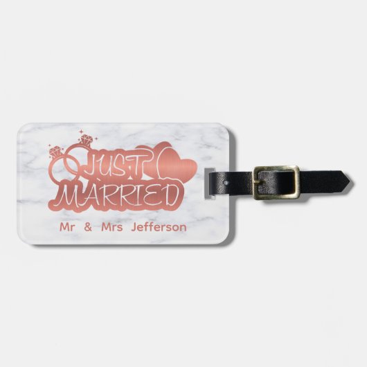 たった今結婚しましたバラ金ゴールドとホワイトマーブルハネムーン ラゲッジタグ (正面横)