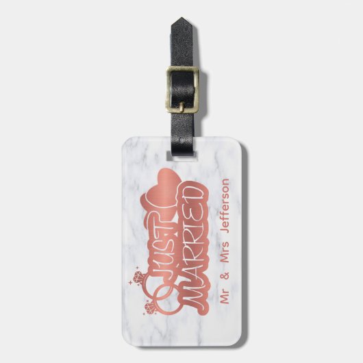 たった今結婚しましたバラ金ゴールドとホワイトマーブルハネムーン ラゲッジタグ (正面縦)