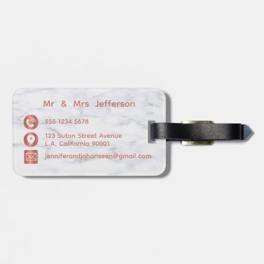 たった今結婚しましたバラ金ゴールドとホワイトマーブルハネムーン ラゲッジタグ (裏面横)
