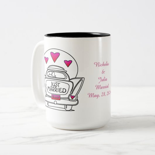 たった今結婚しましたパーソナライズされたハネムーンカーマグ ツートーンマグカップ (正面左)