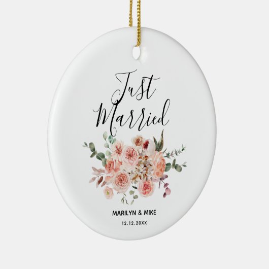 たった今結婚しましたパーソナライズされたピーチフローラ セラミックオーナメント (右)