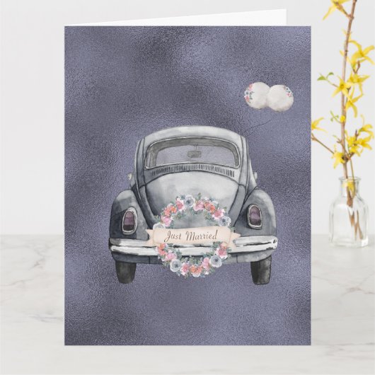 たった今結婚しましたパープルラベンダー結婚ズ カード (黄色い花)