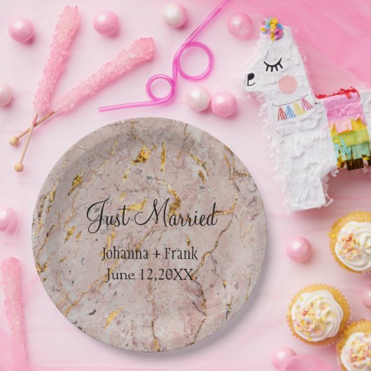 たった今結婚しましたピンクと金ゴールド大理石 ペーパープレート (パーティー)