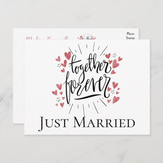たった今結婚しましたピンクハート永遠に一緒結婚に 案内ポストカード (正面/裏面)