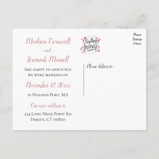 たった今結婚しましたピンクハート永遠に一緒結婚に 案内ポストカード (裏面)