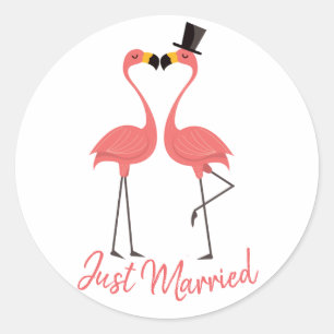 たった今結婚しましたピンクフラミンゴトロピカルビーチ結婚式 ラウンドシール