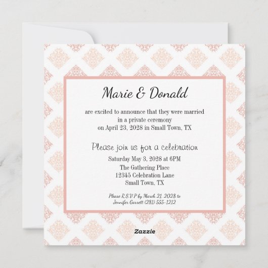 たった今結婚しましたピーチ赤面ダマスク シーズンカード (裏面)