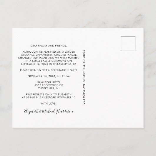 たった今結婚しましたフォトウェディングパーティー 案内ポストカード (裏面)