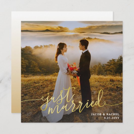 たった今結婚しましたフォト金ゴールド結婚の種類の発表 招待状 (正面/裏面)