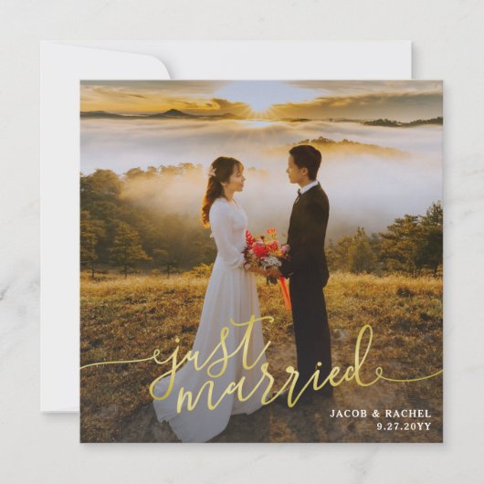 たった今結婚しましたフォト金ゴールド結婚の種類の発表 招待状 (正面)