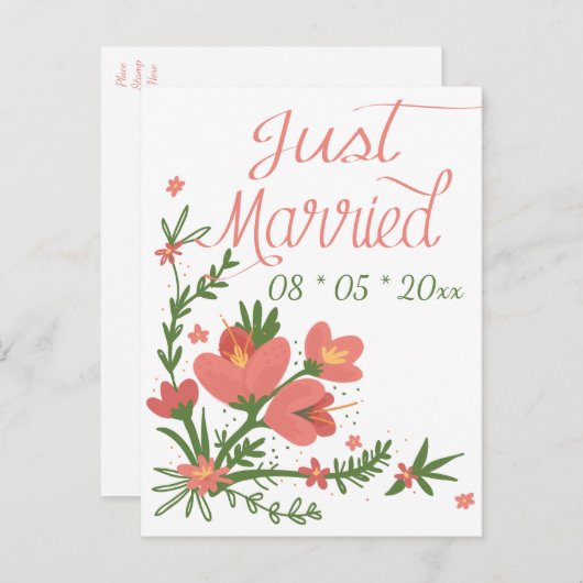たった今結婚しましたフローラコーラルピンク結婚の花 案内ポストカード (正面/裏面)