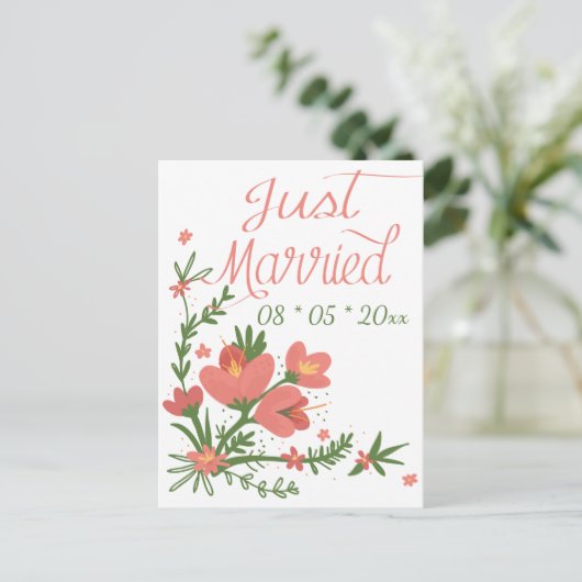 たった今結婚しましたフローラコーラルピンク結婚の花 案内ポストカード (スタンド正面)