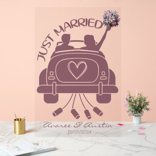 たった今結婚しましたブライダルブーケビンテージカー アクリルサイン (ウェディング)