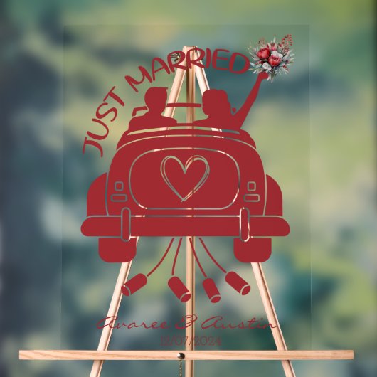 たった今結婚しましたブライダルブーケビンテージカー アクリルサイン (ニュートラル)