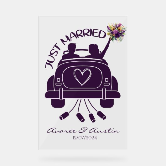 たった今結婚しましたブライダルブーケビンテージカー アクリルサイン (正面)