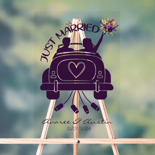 たった今結婚しましたブライダルブーケビンテージカー アクリルサイン (ニュートラル)