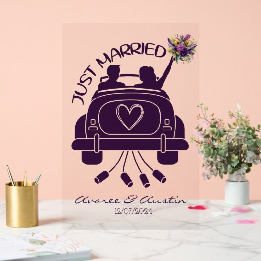 たった今結婚しましたブライダルブーケビンテージカー アクリルサイン (ウェディング)