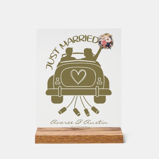 たった今結婚しましたブライダルブーケビンテージカー アクリルサイン (正面)