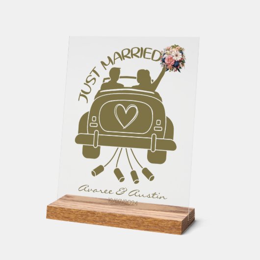 たった今結婚しましたブライダルブーケビンテージカー アクリルサイン (傾斜)