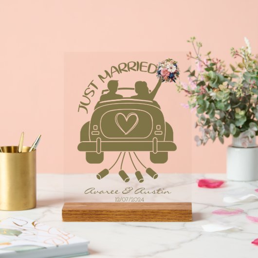 たった今結婚しましたブライダルブーケビンテージカー アクリルサイン (ウェディング)