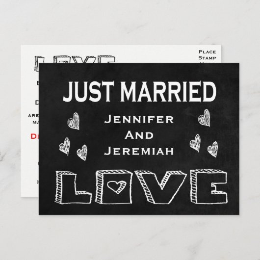 たった今結婚しましたブラック&ホワイトシャルボードラブ結婚ズ 案内ポストカード (正面/裏面)