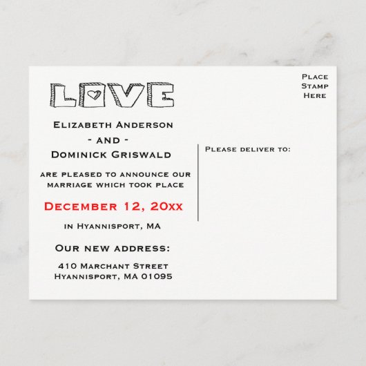 たった今結婚しましたブラック&ホワイトシャルボードラブ結婚ズ 案内ポストカード (裏面)