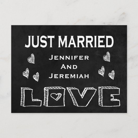 たった今結婚しましたブラック&ホワイトシャルボードラブ結婚ズ 案内ポストカード (正面)