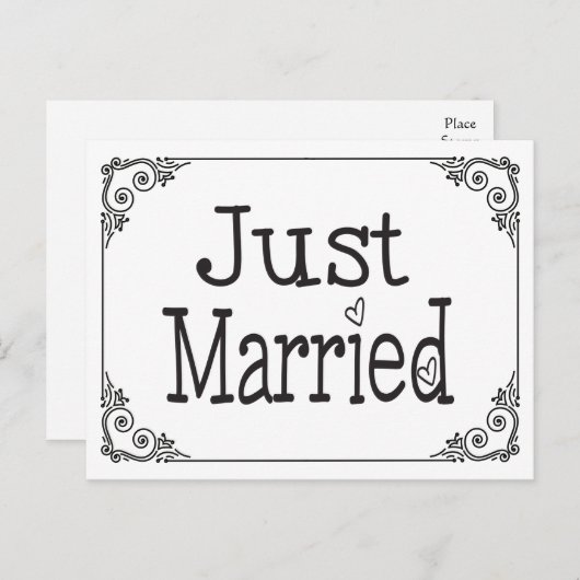 たった今結婚しましたブラック&ホワイトハート結婚のはがき 案内ポストカード (正面/裏面)