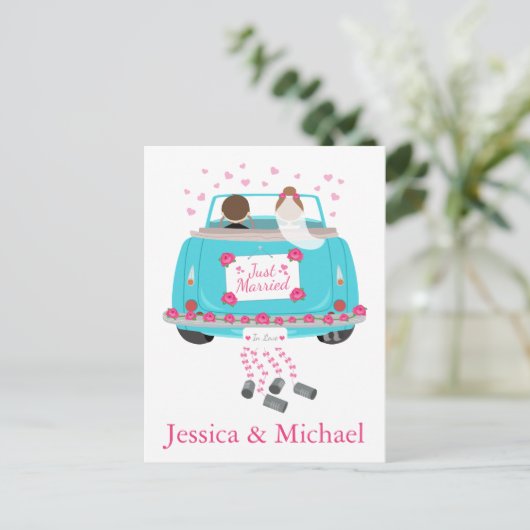 たった今結婚しましたブルーのパーソナ結婚ライズのお知らせ 案内ポストカード (スタンド正面)