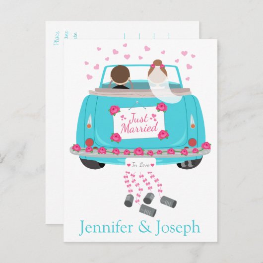 たった今結婚しましたブルーのパーソナ結婚ライズのお知らせ 案内ポストカード (正面/裏面)