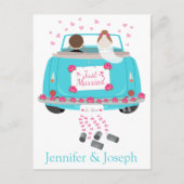 たった今結婚しましたブルーのパーソナ結婚ライズのお知らせ 案内ポストカード (正面)