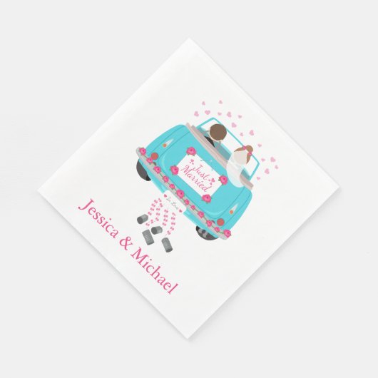 たった今結婚しましたブルーターコイズ&ピンク結婚ズカー スタンダードランチョンナプキン