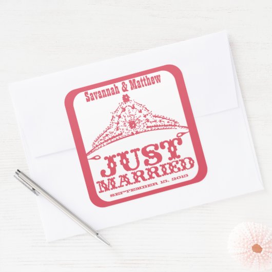 たった今結婚しましたプリンセスブライド結婚ティアラのステッカー スクエアシール (封筒)