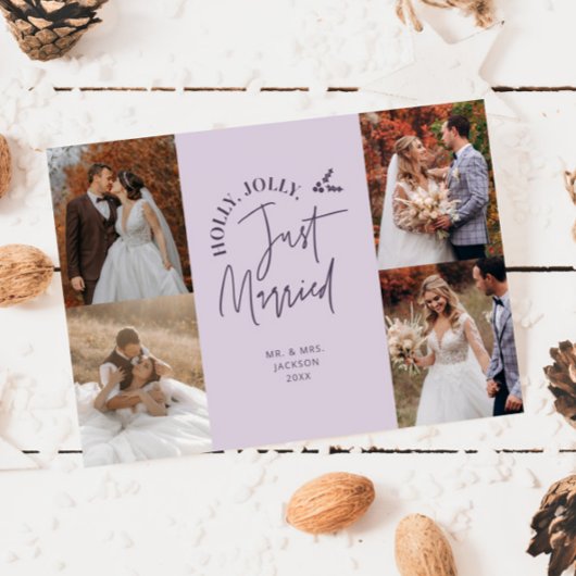 たった今結婚しましたホリデー新着フォトパープル シーズンカード