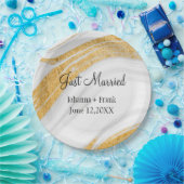 たった今結婚しましたホワイトと金ゴールド瑪瑙 ペーパープレート (パーティー)